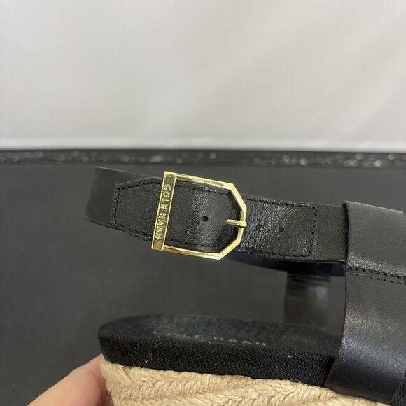 Cole Haan Crystal Womens Size 9.5B Shoes Black Leather Wedge Espadrille Sandals - Picture 13 of 13